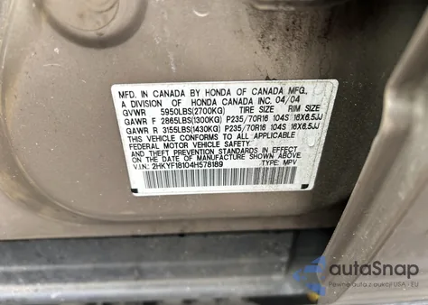 2004 Honda Pilot Lx from USA, damaged, VIN 2HKYF18104H578189